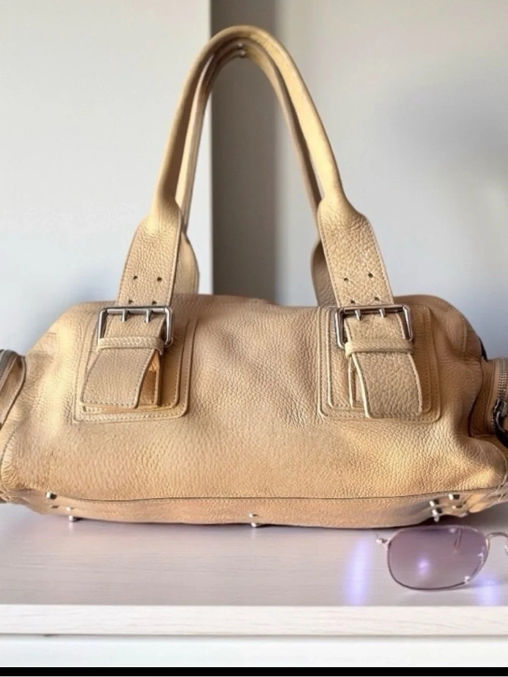 AUTHENTIC FURLA BUTTERY TAN PEBBLE LEATHER SHOULDER BAG SIDE POCKETS SILVER HW
